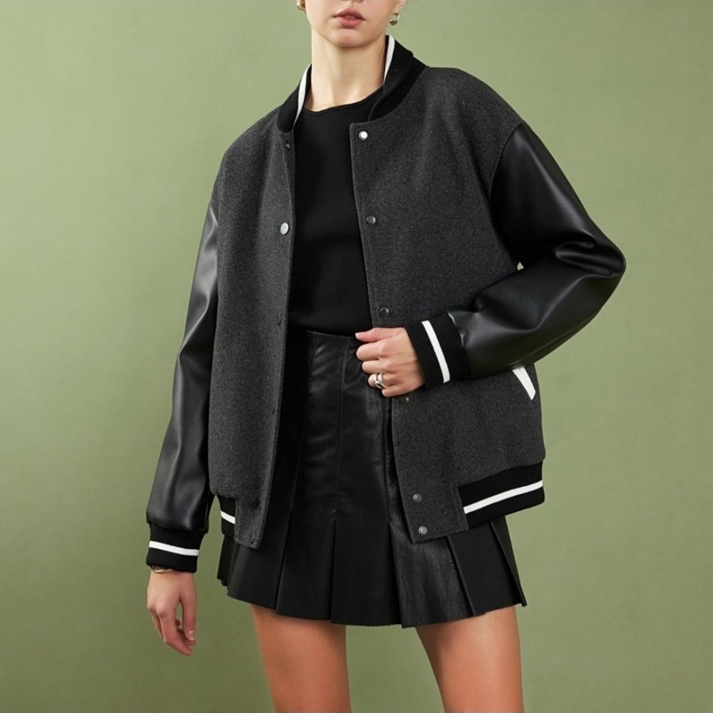 NWT | English Factory | Black and Gray Bomber Varsity Jacket | SZ M